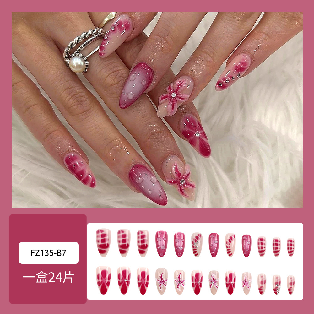 Europa y los Estados Unidos 3D relieve goteo de pegamento manicure rosa flor tridimensional perforación de uñas 24 piezas de parche de uñas