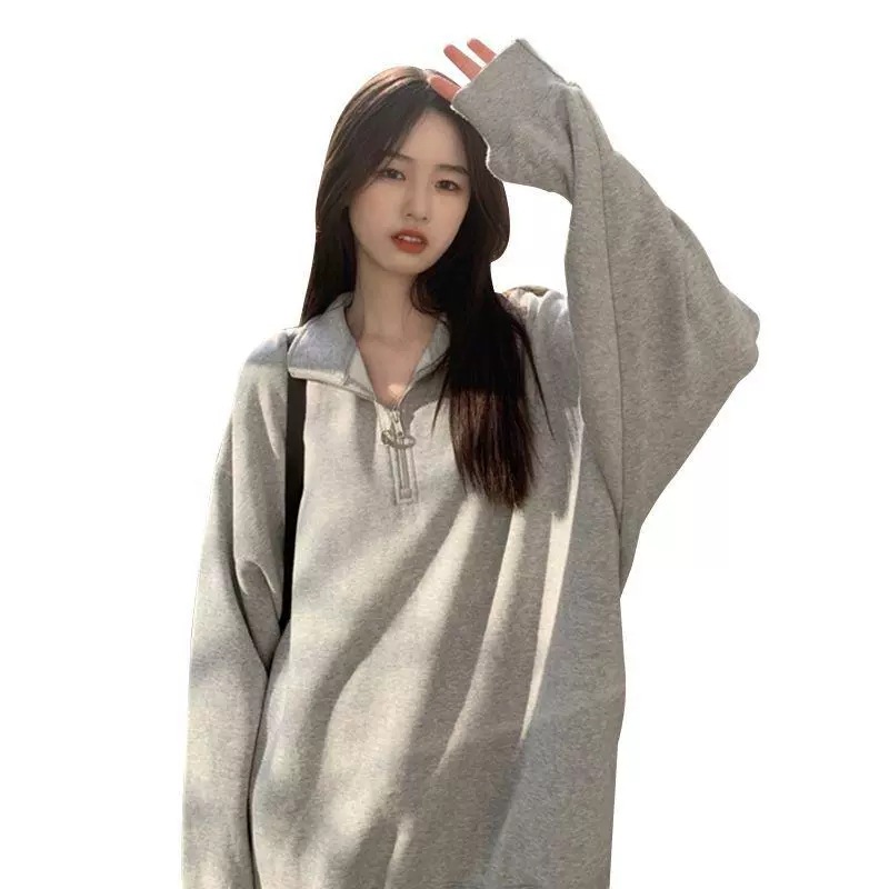 Spring sweatshirt, jacket for students, polo collar, oversize, mid-length