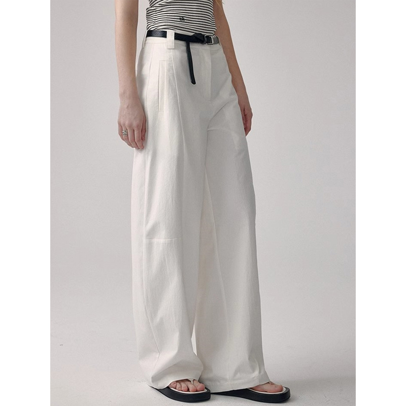 White Straight-Leg Casual Pants for Women, High-Waisted, Slimming, Cotton, 2025 Summer, Loose Scimitar Pants, Versatile Wide-Leg Pants