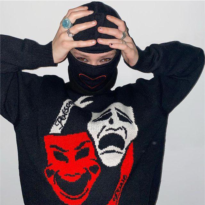 Funny skull loose fitting pullover for autumn winter, men's and women's round neck knitted sweater Y2K personalized_voghion.com