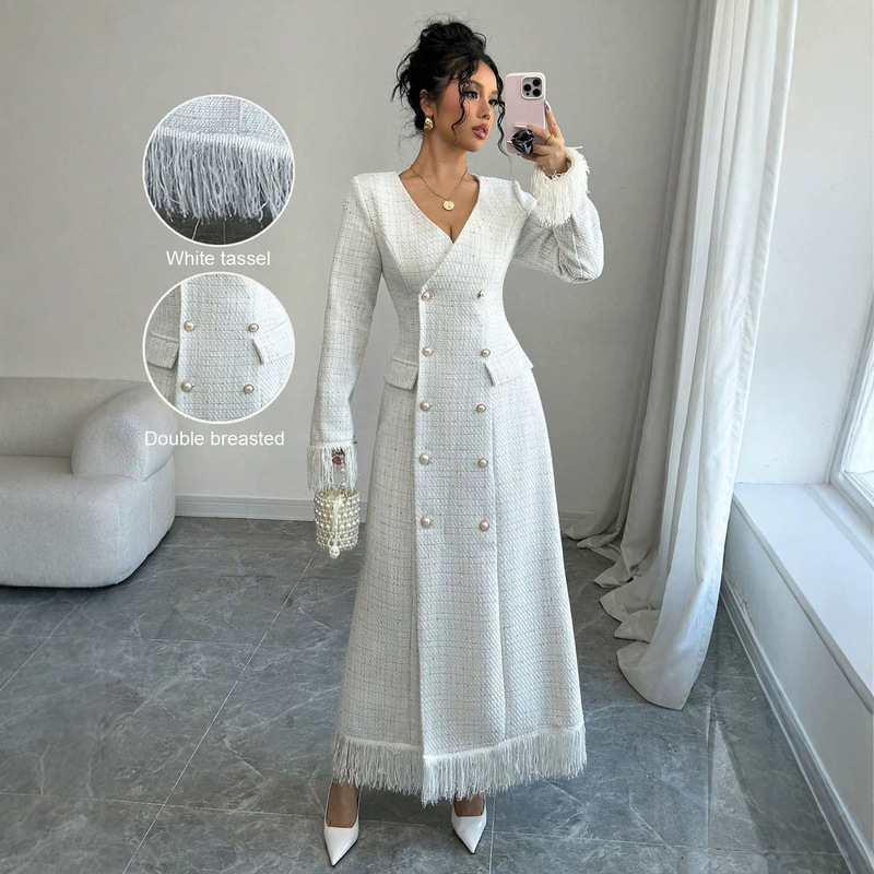 Cross-Border 2026 Socialite Style Tweed Long Coat with Double-Row Pearl Buttons and Tassel Trim, Slim-Fit Dress