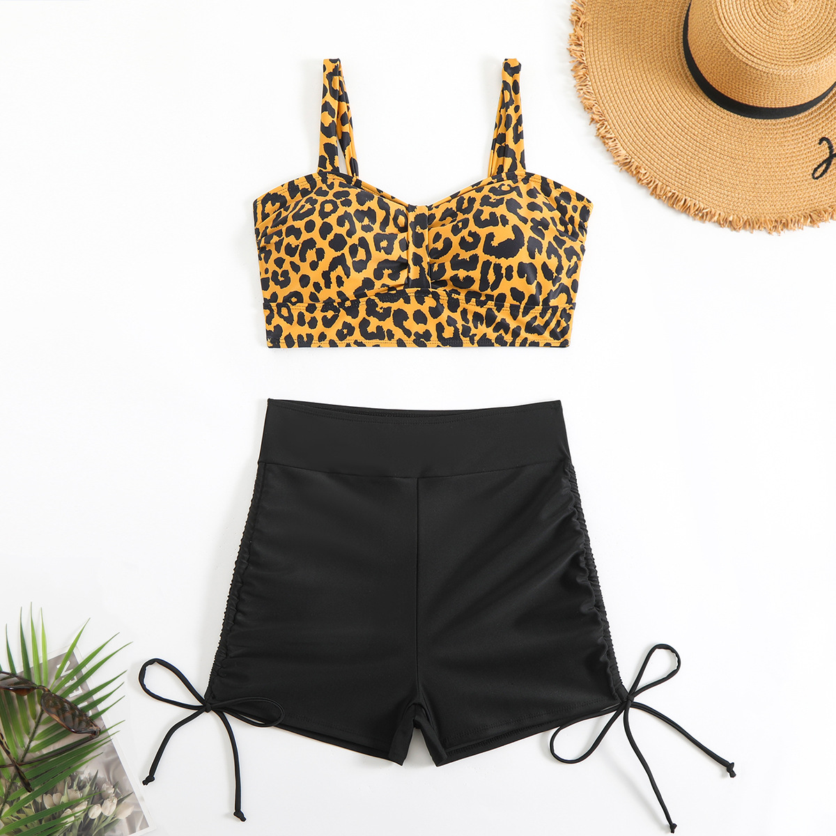Women's Conservative Sporty Swimsuit 2025 European American New Style Printed Vest High Waisted Shorts Drawstring Cross Border Foreign Trade_ecoleips.com