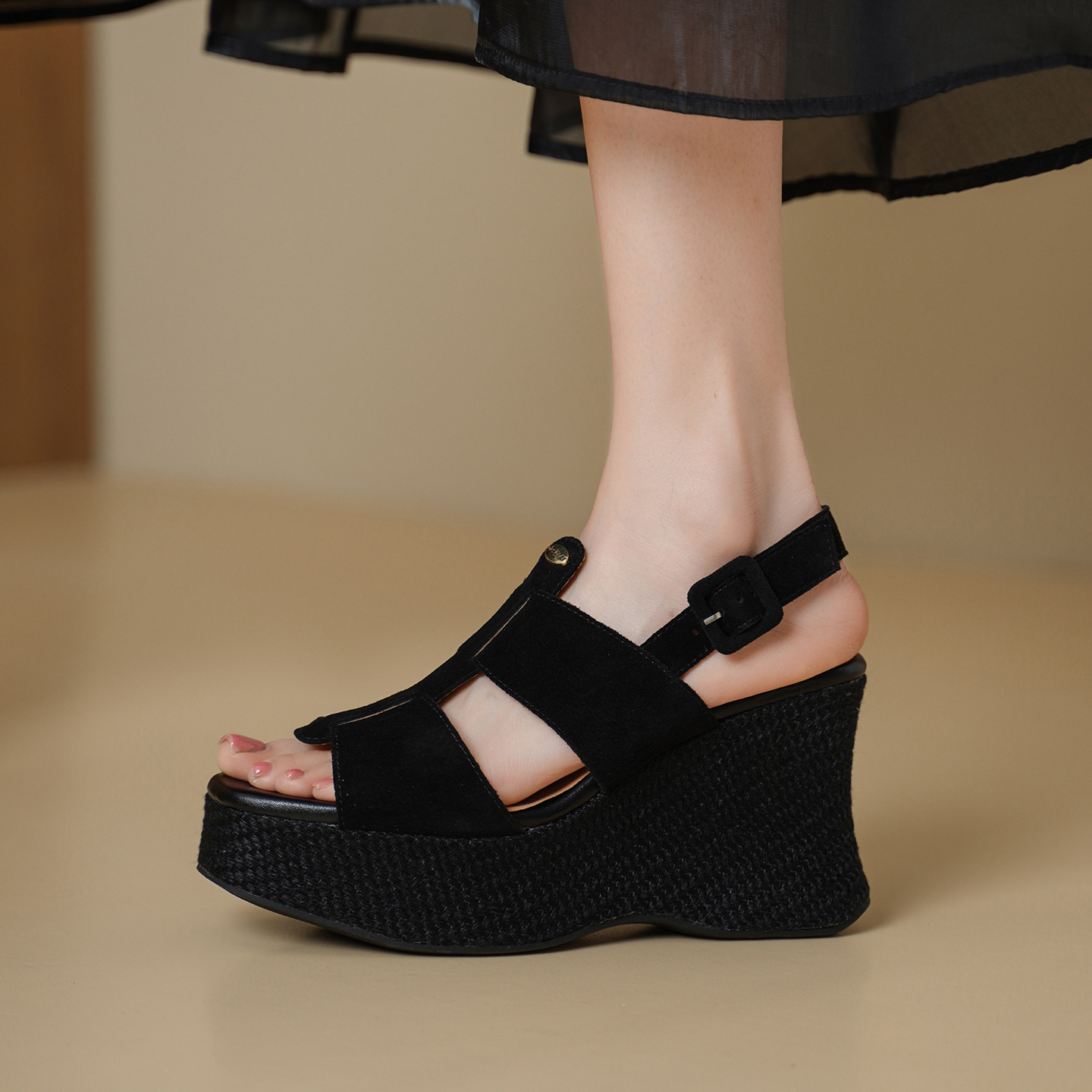 Sandal cao gót nữ hở mũi đế xuồng gót 10 cm quai ngang một khóa — màu đen, màu mơ