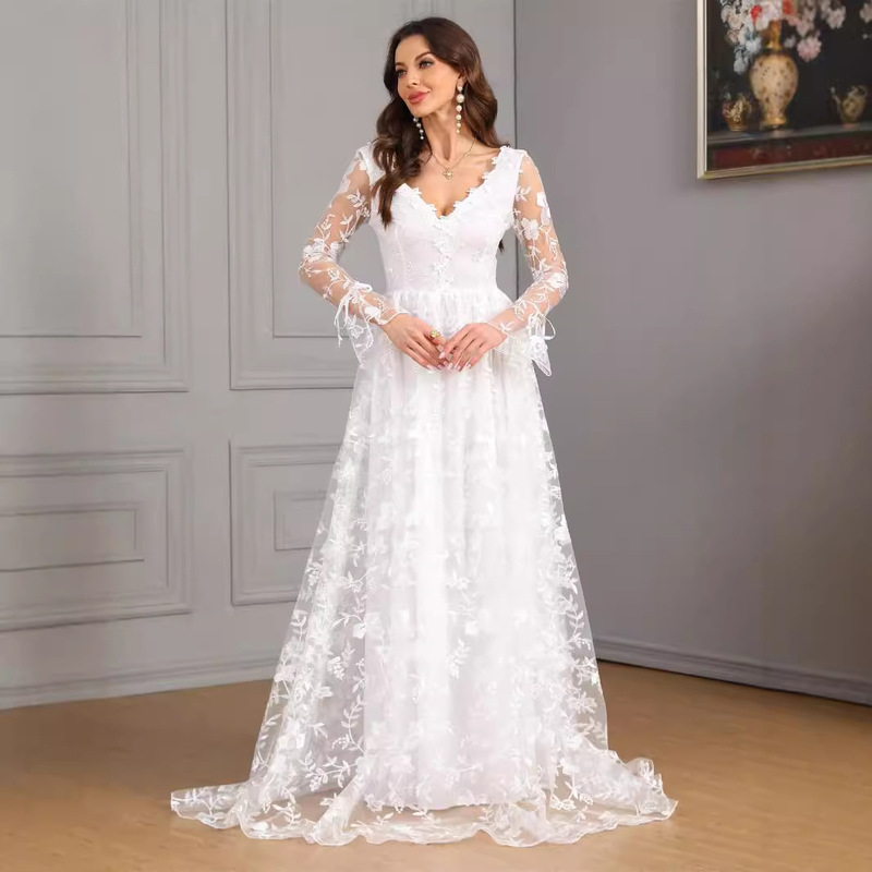 European and American Foreign Trade New Women's Clothing Autumn and Winter New Amazon Long Sleeve V-Neck Large Trailing Lace Dress Wedding Dress