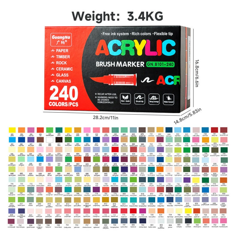 Brush acrylic marker set, 240 colors, direct-flow refill, odorless blendable ink
