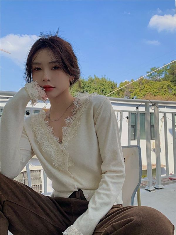 早秋甜辣蕾丝拼接针织开衫女法式大衣内搭高级感毛绒打底衫上衣冬|undefined