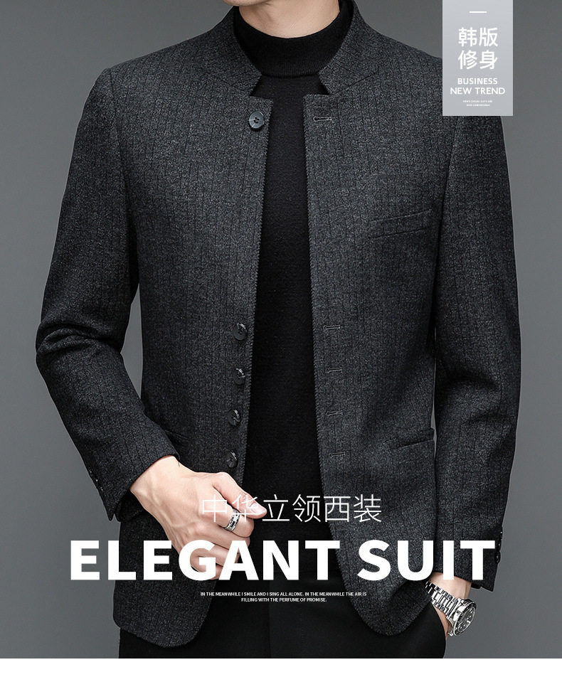 Bộ vest nam cổ đứng dáng ôm co giãn, áo khoác vest công sở tay dài — Màu đen chi tiết 1