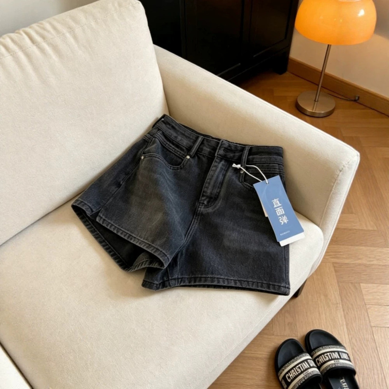 Black and Gray Slit Denim Shorts for Women, Summer Thin Style, Plus Size, High-Waisted, Slimming, Loose Casual A-Line Hot Pants