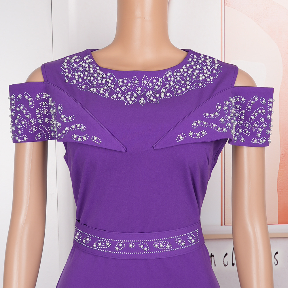 Elegante vestido largo ajustado con diseño de diamantes de imitación y mangas estilo capa: moda africana de talla grande para el trabajo y la noche._voghion.com