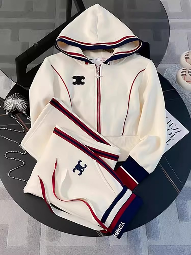 ハイエンドのレジャースポーツスーツの女性の春の2024の新型の流行のヨーロッパの商品は帽子のガードルのストレートなズボンの2つのセットをつないでいます。