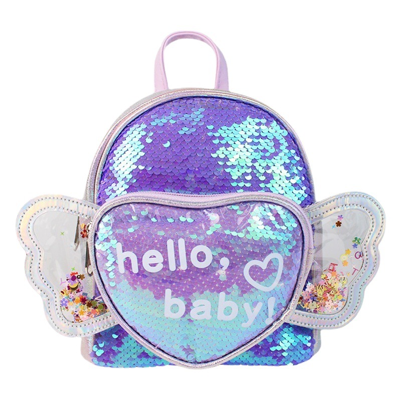 Nueva moda lentejuelas bolso de los niños dulces alas bebé mochila niñas de dibujos animados moda princesa pequeña mochila