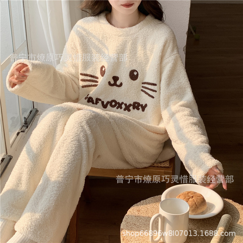 Autumn and Winter Flannel Pajamas Women's Crewneck Coral Fleece Cute fleece-lined Thickened Two-piece Home Clothes Cartoon Hair