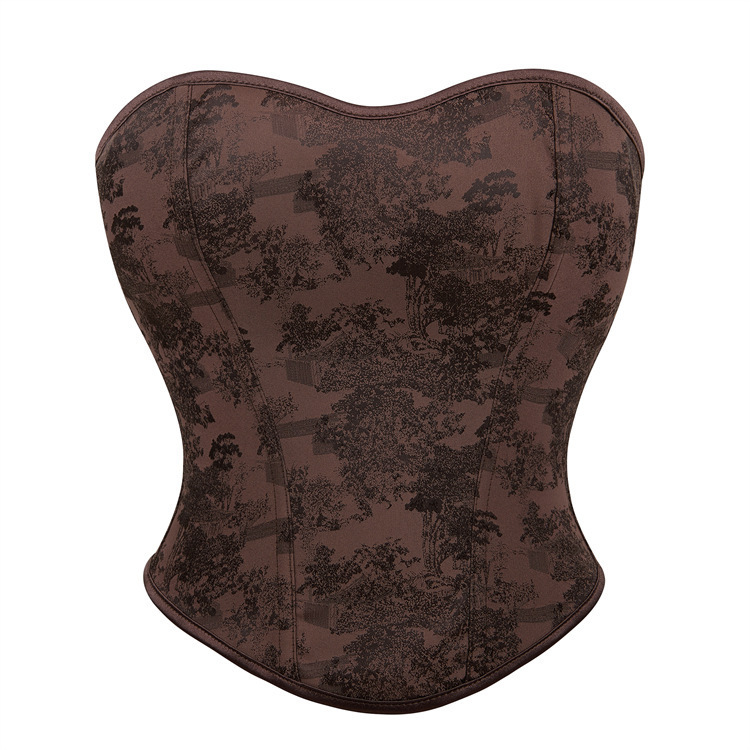 New Coffee-Colored Printed Women's Strapless Bustier Corset Waist-Cinching Court-Style Shapewear Top Aliexpress Cross-Border