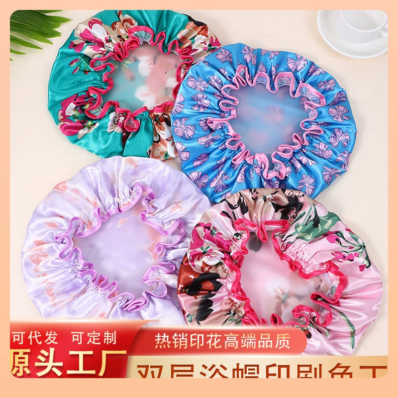 ✅ Шапочка для душа, двухслойная водонепроницаемая женская шапочка для купания, с принтом, из сатина и PEVB, водонепроницаемая женская шапочка для купания для домашнего использования