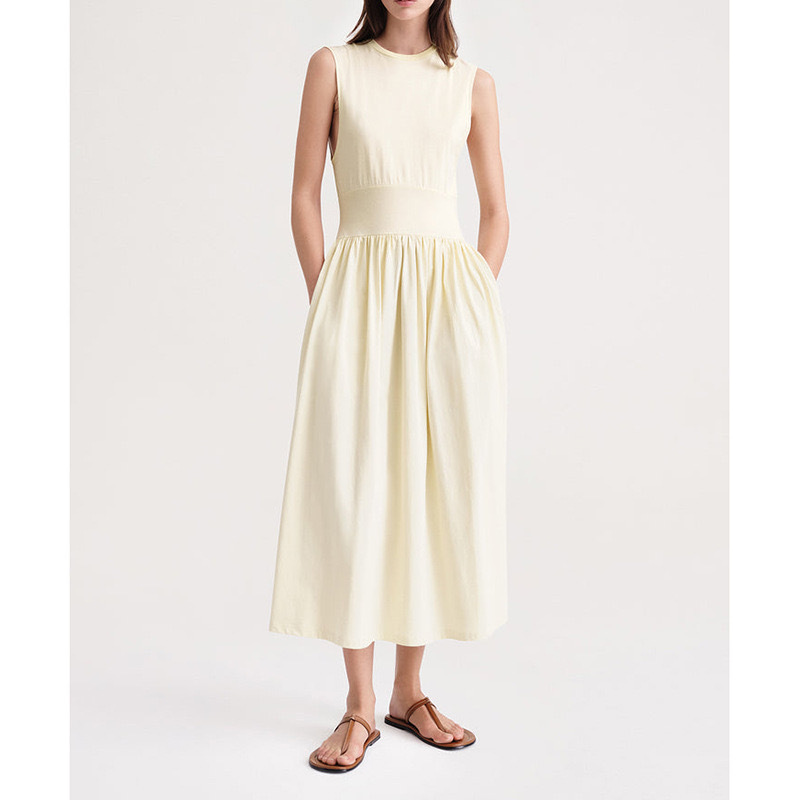 Nordic TOT * spring and summer cotton sleeveless round neck pleated waist slim A- line horn skirt long dress
