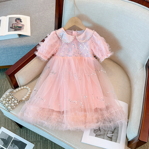 Little Girl Dress 2024 New Pearl Collar Princess Dress Children Short Sleeve Net Dress Girl Stylish Fashion Skirt