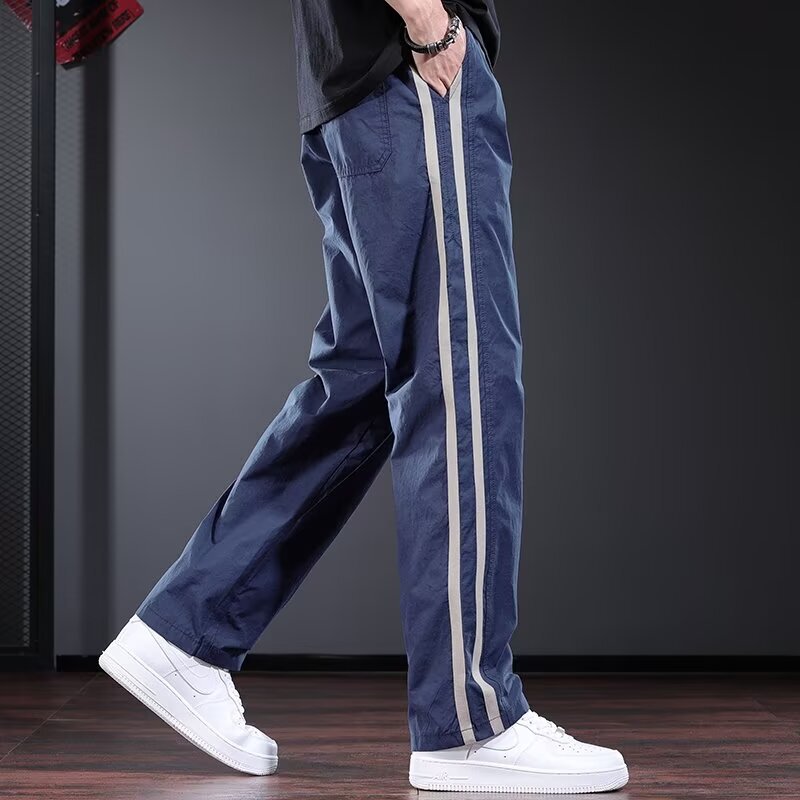 Striped Casual Pants for Men, Summer Thin Style, Unique Design, Loose Straight-Leg Long Pants, Trendy Brand, Blue Men's Pants