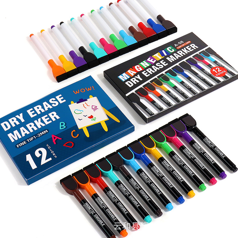 Bolígrafo de pizarra al por mayor con cepillo magnético de oficina con 12 colores de gran capacidad limpiable y ecológico no tóxico