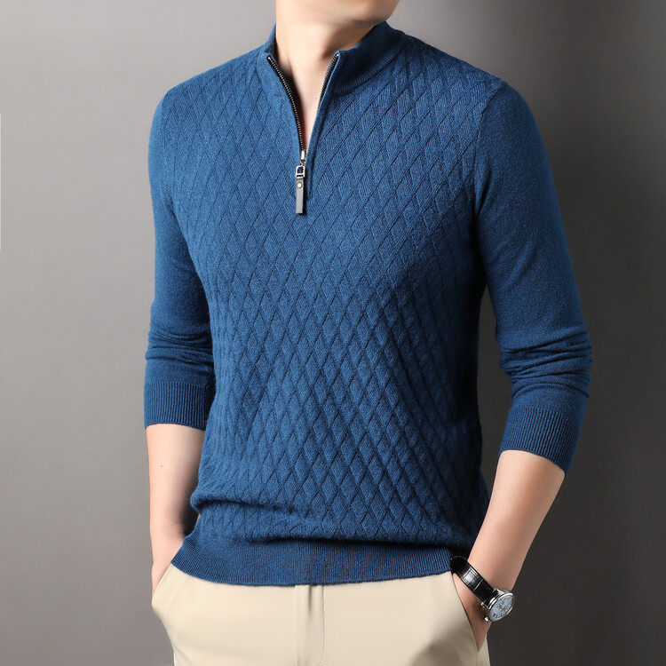 Camisas de punto Amazon primavera y otoño nuevos hombres de cuello medio alto con cremallera de manga larga de color sólido suéter de hombre