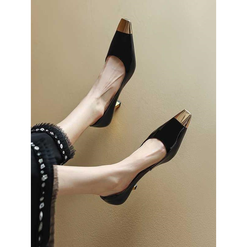 Metal-Toe High-Heeled Shoes for Women, Black, 2026 Spring New Style, Square-Toe Patent Leather, Sexy French-Style White Elegant Stiletto Heels