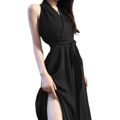 纯欲风红色挂脖连衣裙女2025早春新款a字御姐收腰绑带修身中长裙|undefined
