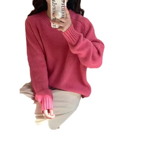 Vintage Lazy-Style Solid Color Crewneck Sweater for Women – 2025 Fall/Winter, Loose-Fit Pullover with Soft, Creamy Texture