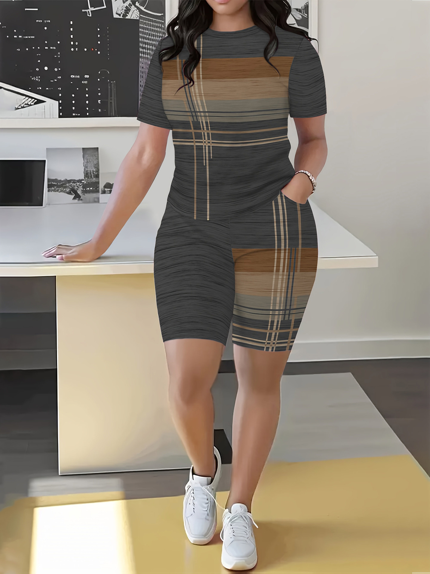 Women's Geometric Print Short Sleeve T-Shirt And Shorts Set - Comfortable Casual Summer Outfit ​​Versatile Two-Piece Coordination_ecoleips.com