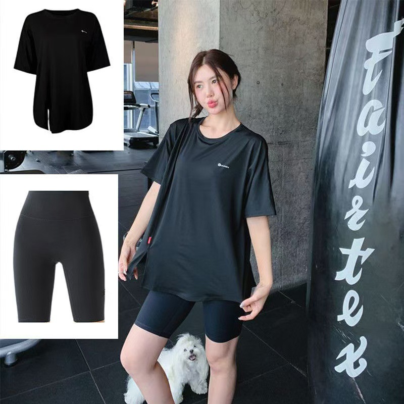 胖mm大码速干遮臀中长款夏季晨跑步短袖运动健身宽松瑜伽服套装女