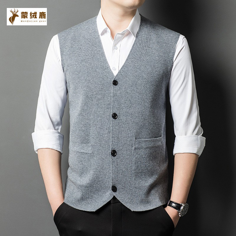 Men's Wool Vest with Suit, Knitted Vest, Dad's Outfit, Middle-Aged Pocketed Sleeveless Sweater, Cardigan