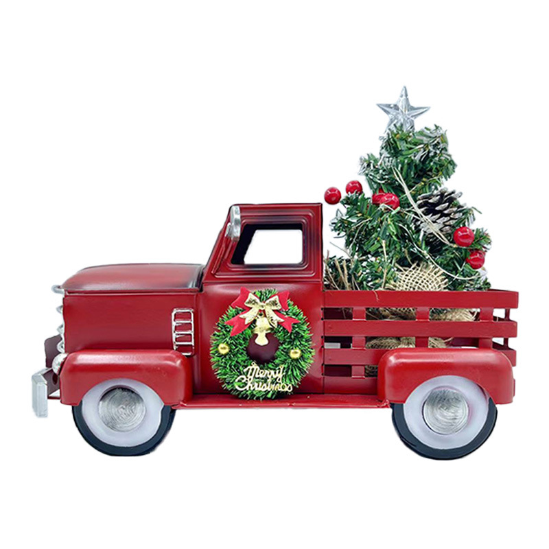 Inventario transfronterizo de Navidad rojo camión retro led con lámparas decoraciones de árbol de Navidad hierro forjado artesanías de metal