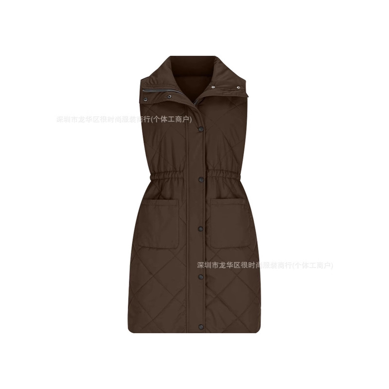 Independent Station European and American Casual Winter Mid-Length Pufferfish Vest Stand Collar Sleeveless Jacket Elastic Waist Women's Vest