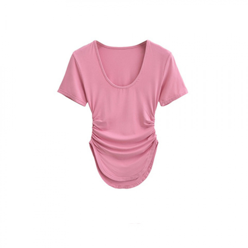 Pure Desire Sweet and Spicy U-Neck Low-Cut Waist Short-Sleeved T-Shirt Women's Curved Hem Pleated Waist Slimming Solid Color Short-Sleeved Top Pure Desire Sweet and Spicy U-Neck Low-Cut Waist Short-Sleeved T-Shirt Women's Curved Hem Pleated Waist Slimming Solid Color Short-Sleeved Top