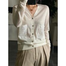 港米服饰/早秋软糯V领长袖蕾丝口袋羊毛针织开衫
