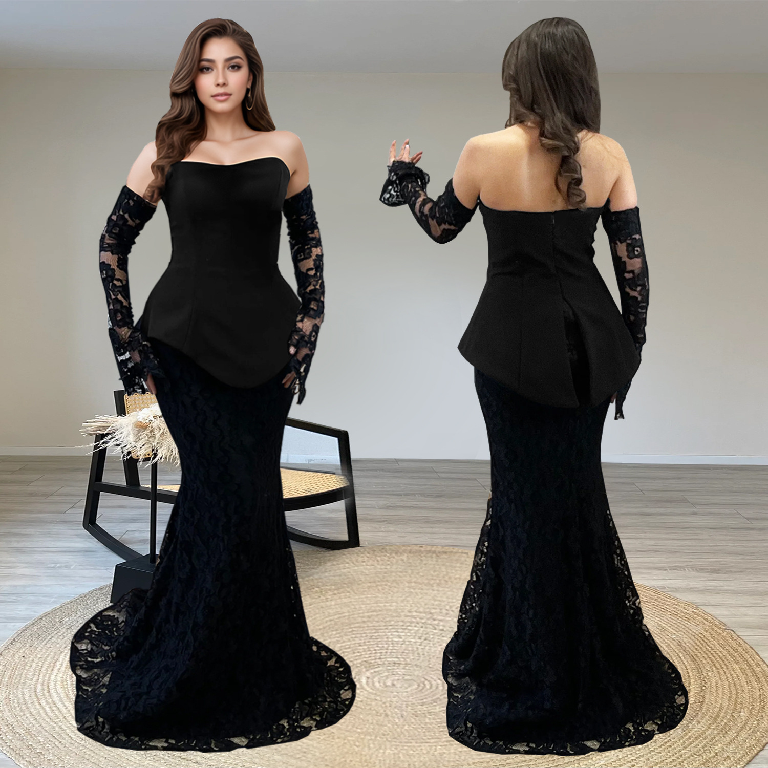 C7299 Cross-border AliExpress Amazon Moda europea y americana para mujer Traje de dos piezas de falda larga de encaje transparente superior de tubo sexy