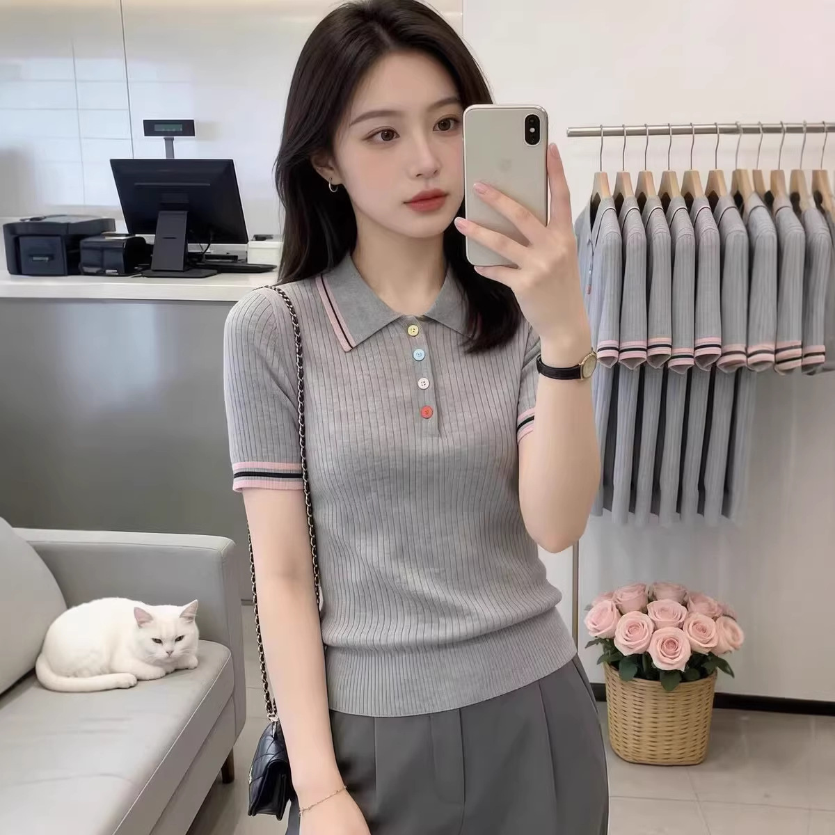 Áo thun polo nữ dệt kim tay ngắn phong cách Hàn Quốc — Xanh lông mòng đen chi tiết 2