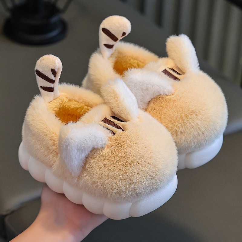 Children's Cotton Shoes Thickened New Cartoon Cute Fur Slippers Kidsren's Indoor Velvet Thick-Soled Non-Slip Bag Heel Fur Slippers