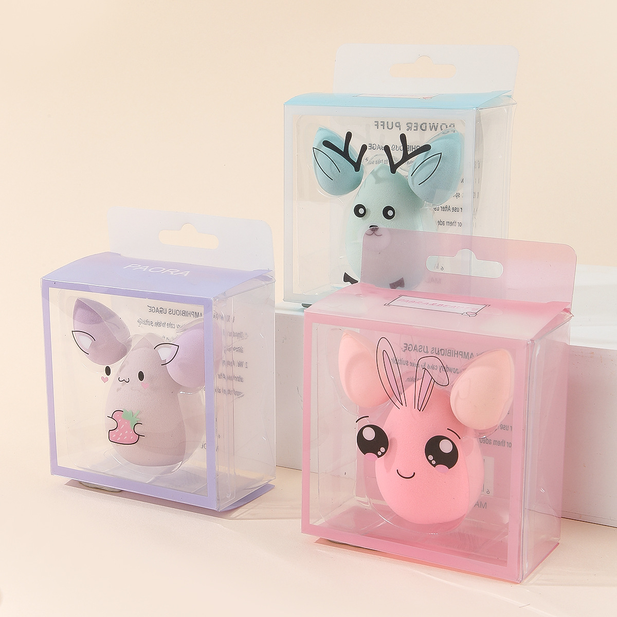 Tres paquetes de gotas de agua, maquillaje de belleza, soplo de polvo de huevo, el agua se agranda, seco y húmedo, agradable para la piel, empaque de caja de pvc súper suave y lindo