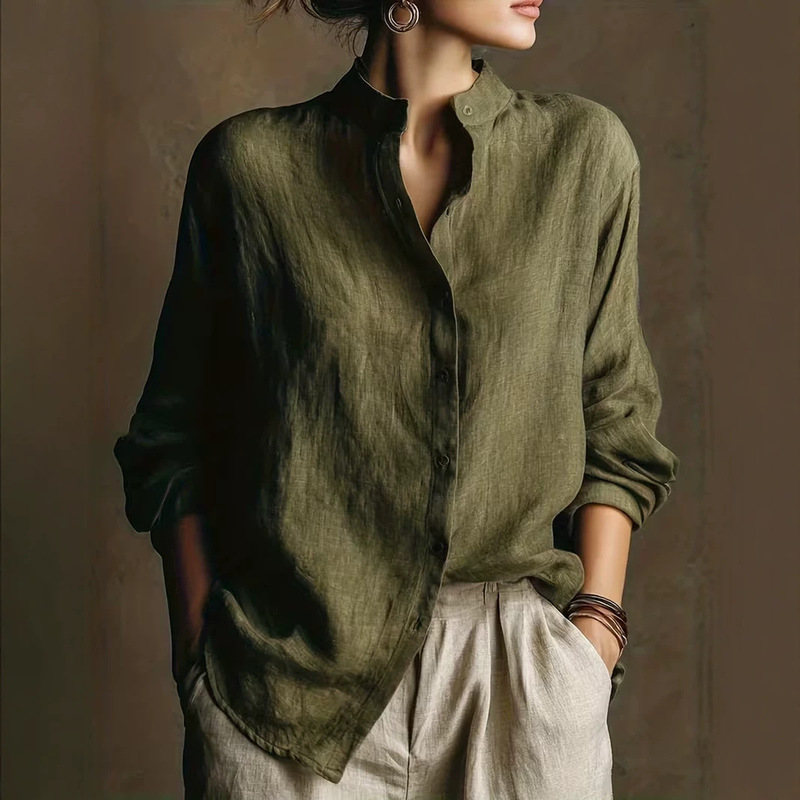 Cross-Border Amazon Europe and America 2026 Spring New Loose Cotton and Linen Stand-Collar Long-Sleeve Cardigan Top Loose Shirt