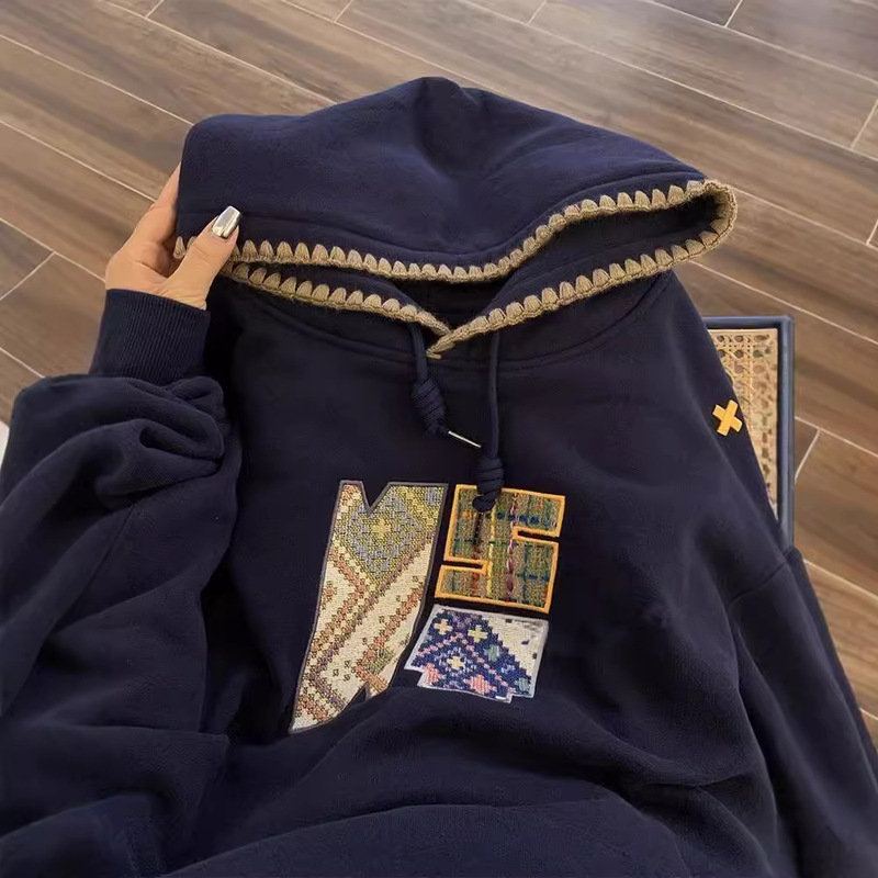 National Trend Embroidered American Retro Hooded Sweatshirt Women's Autumn and Winter Slim Loose Lazy Style Fleece-Lined Large Size Top