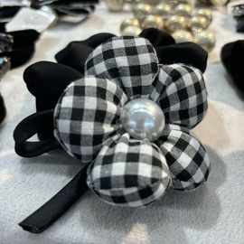 韩国东大门新款格子花朵珍珠抓夹后脑勺鲨鱼夹网红丸子头绳布圈