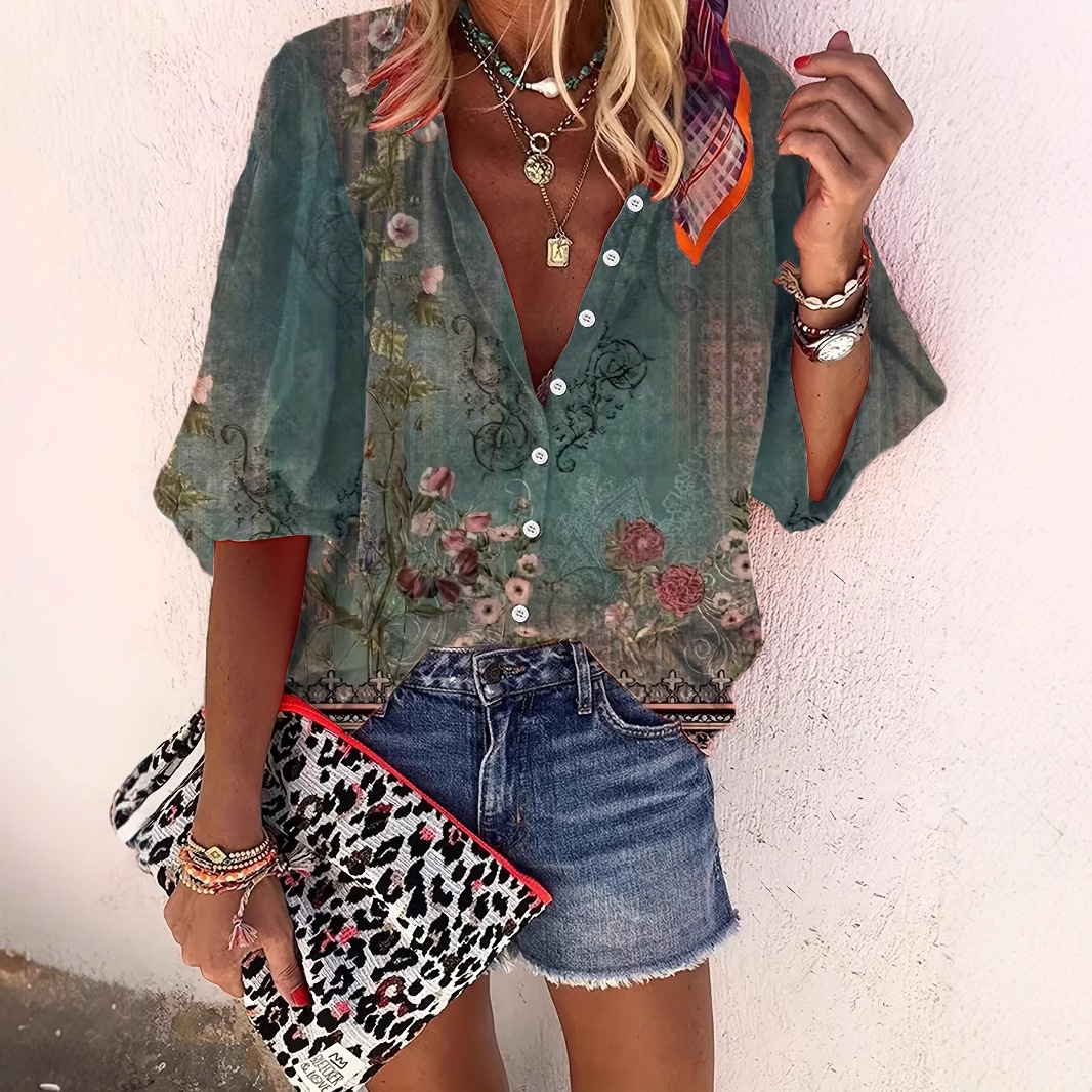 in stock wholesale independent station hot ladies shirt flower 3D digital printing street casual fashion V-neck open