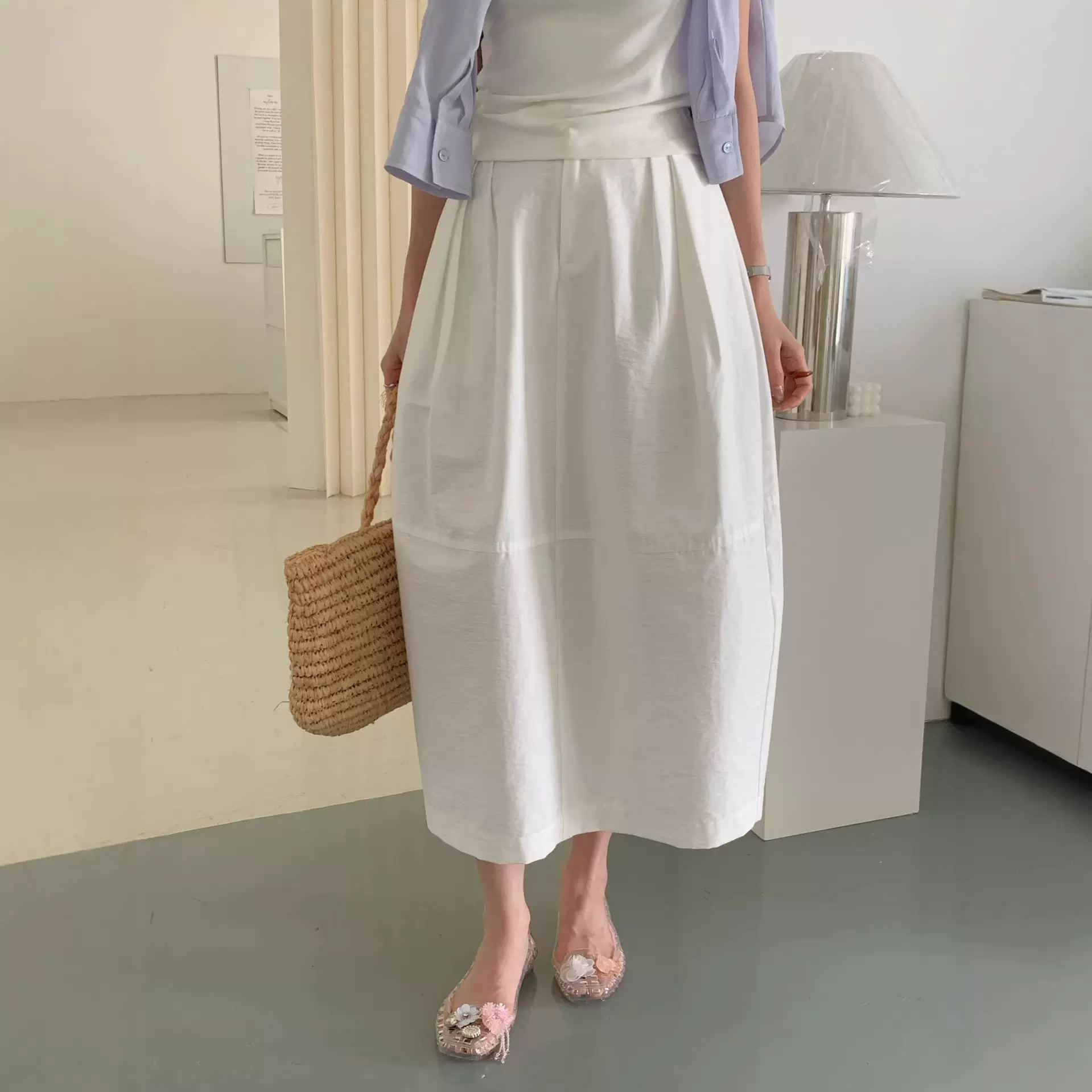 白色高腰A字半身裙女春夏中长款大摆显瘦气质白色中长款气质长裙