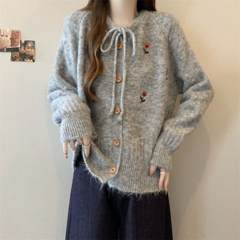 温柔风甜美绣花毛衣外套女秋冬2025新款韩系蝴蝶结针织开衫上衣服|undefined