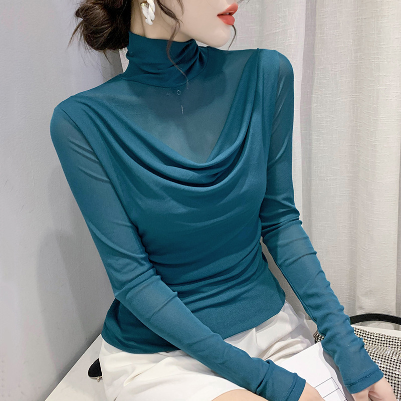 유럽 역 사계절 새로운 하이 칼라 메쉬 긴 소매 탑 여성 티셔츠 겉옷 슬림 가을 옷 기본 셔츠 도매