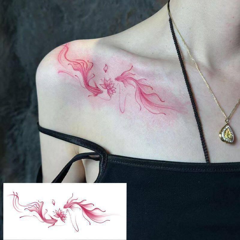 Good Luck Lotus Koi Ins Colorful Clavicle Arm Tattoo Sticker High-Value Waterproof Long-Lasting Sweet Cool Style
