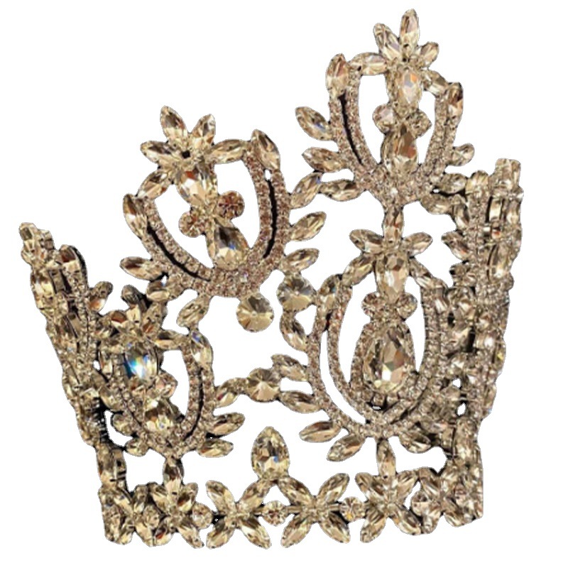 Corona de diamantes de imitación de gran tamaño transfronterizo Corona de lujo nupcial incrustada en diamantes europeos y americanos Corona de joyería de selección de belleza