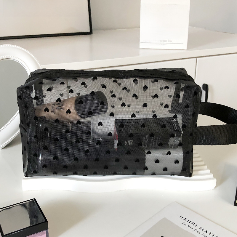 New Ins Love Flocking Powder Mesh Makeup Bag Girls' Heart Portable Washing Large Capacity Breathable Lipstick Trade