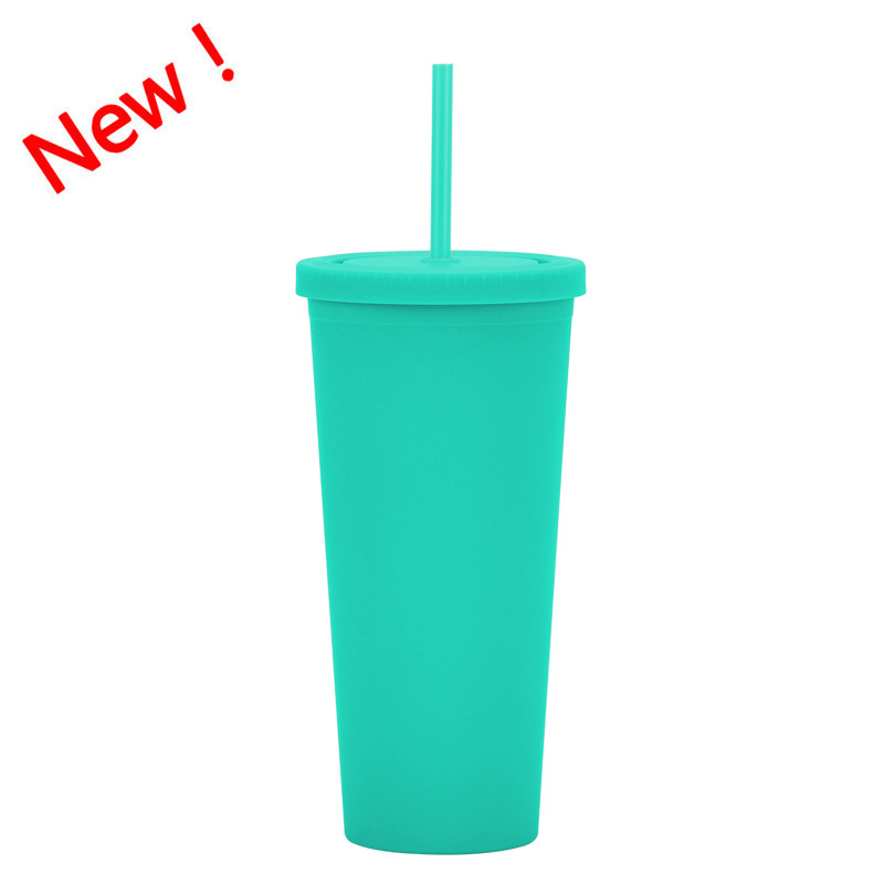 Suministro directo transfronterizo Taza de paja de plástico de doble capa personalizada simple 24oz en stock Taza de agua de gran capacidad esmerilada Taza práctica