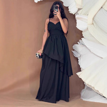 跨境欧美气质优雅风2025秋季新款黑色吊带长裙性感开叉气质连衣裙