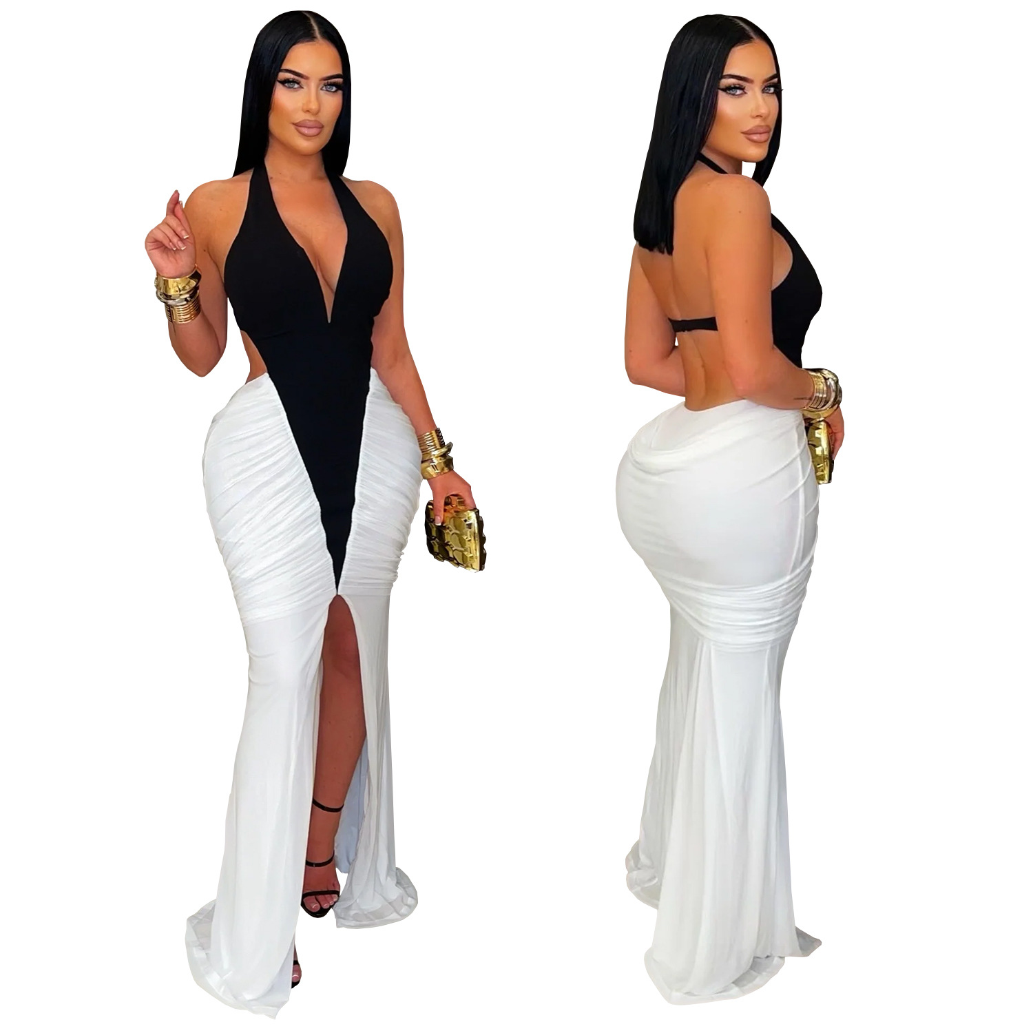 C7573 Aliexpress transfronterizo amazon ropa de moda europea y americana de mujer sexy v collar brazo bifurcado vestido de espalda